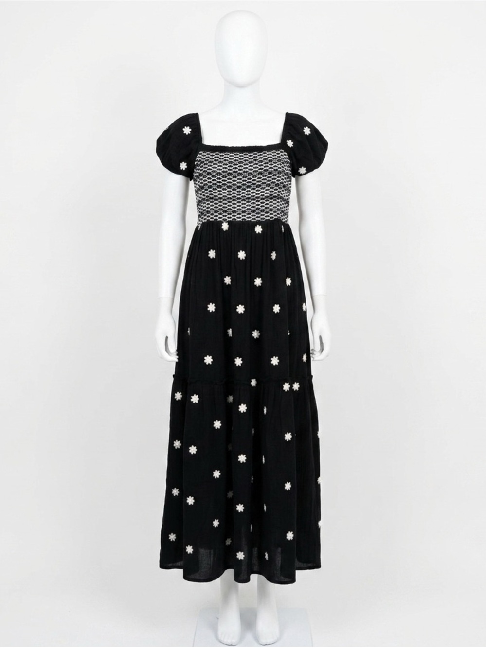 RD Style Black Midi/Maxi Dress with White Daisy Embroidered Appliqué 100% Cotton